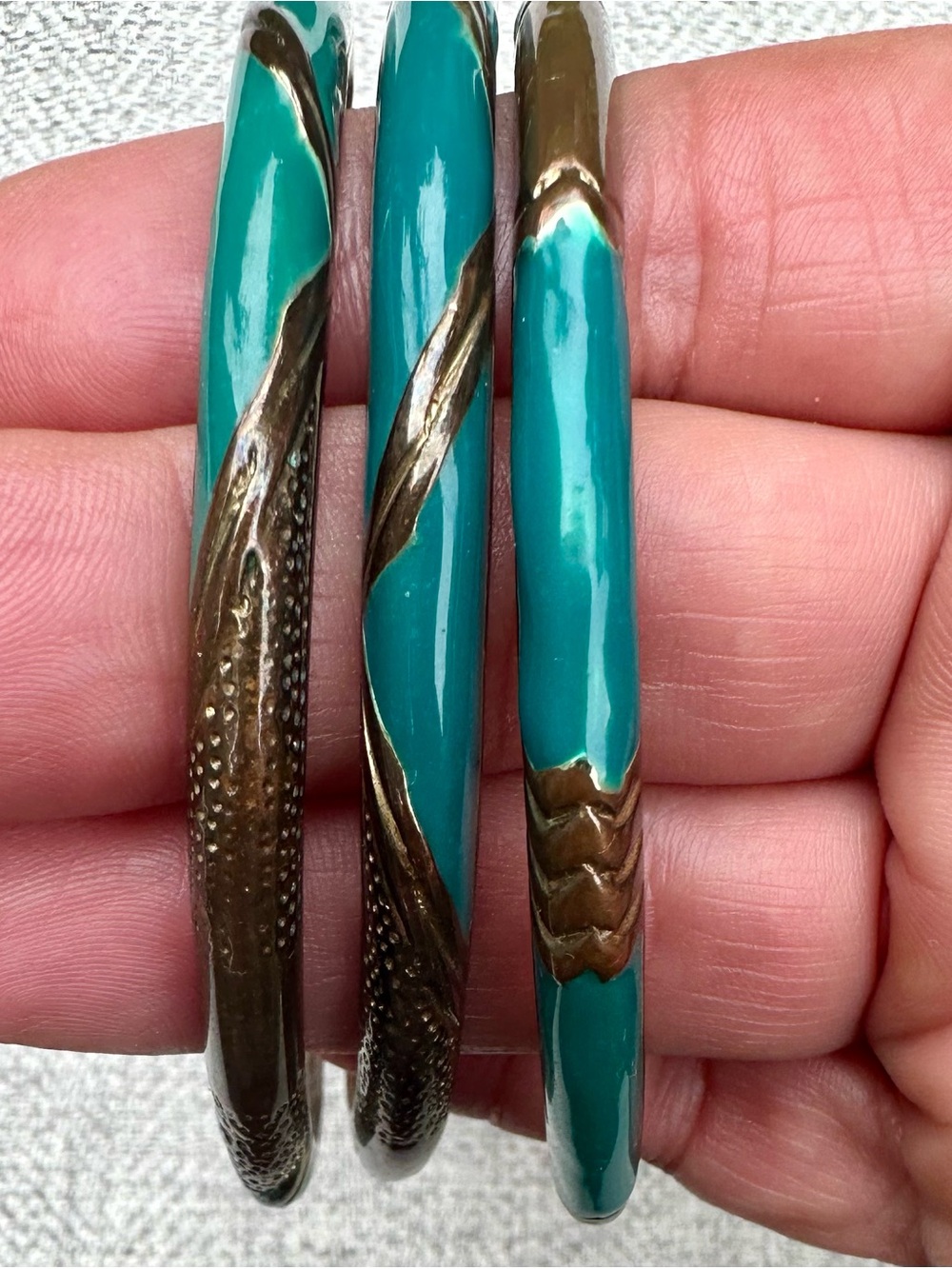 Vintage Mid Century Turquoise Enamel & Brass Bangle Bracelets  Stack of 3